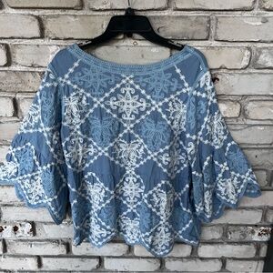 Anthropologie  kindred embroidered top with bell scalloped sleeves
